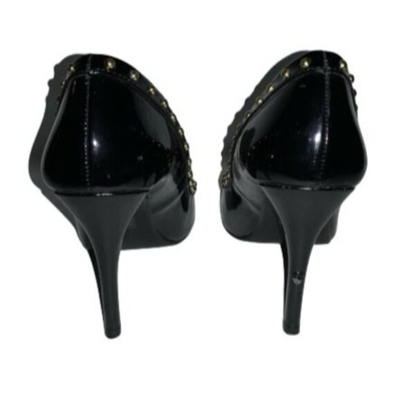 Black Patent Leather Pointed-Toe Heels With Gold Studded Trim & Metallic Cap Toe - Picture 2 of 5